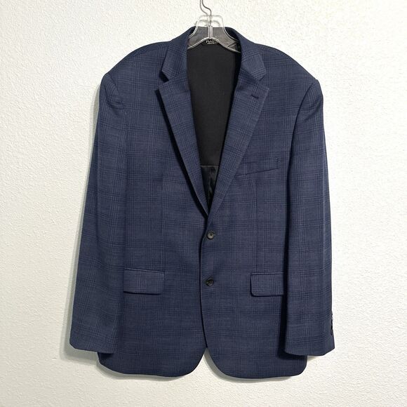 Jos A Bank Traveler Tech Sport Coat Blazer 44R Blue Plaid Tailored Fit